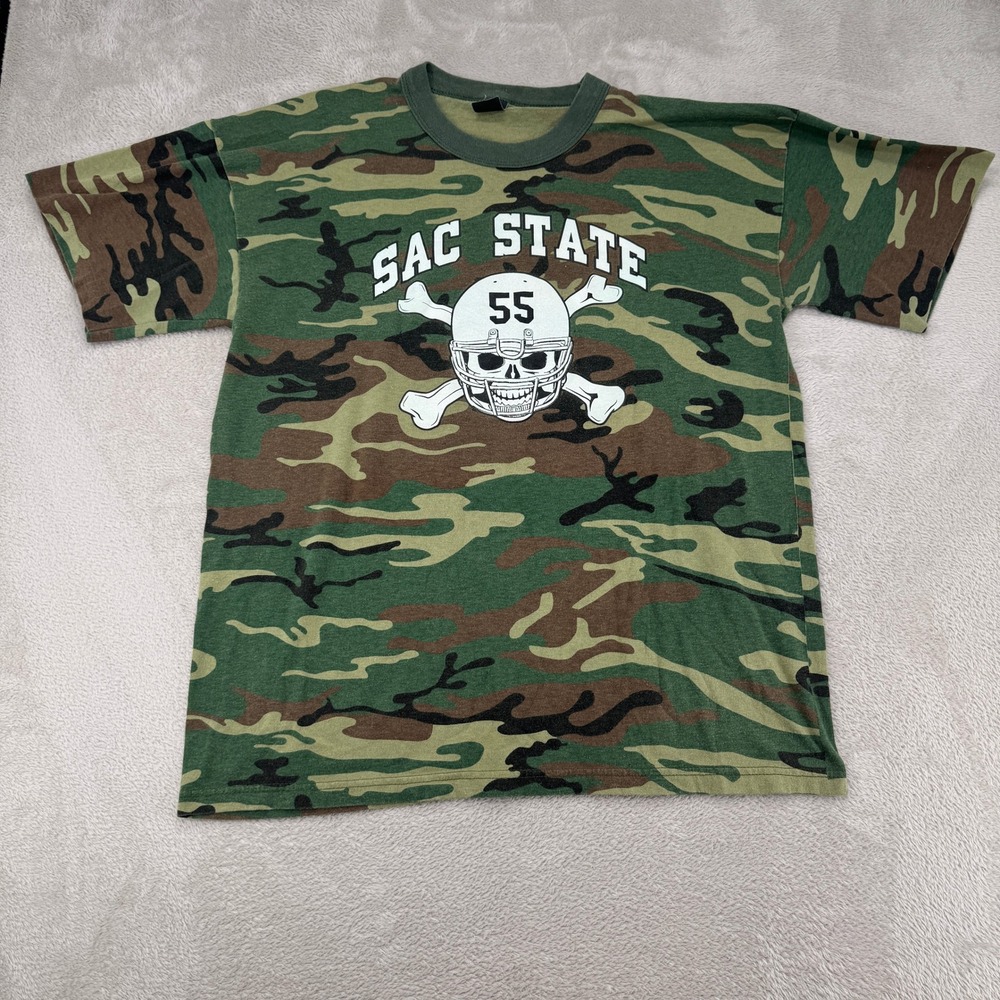 VTG Tee Swing Sac State Bill Sherman 55 Camo Shirt Mens‎ XL Green Single Stitch